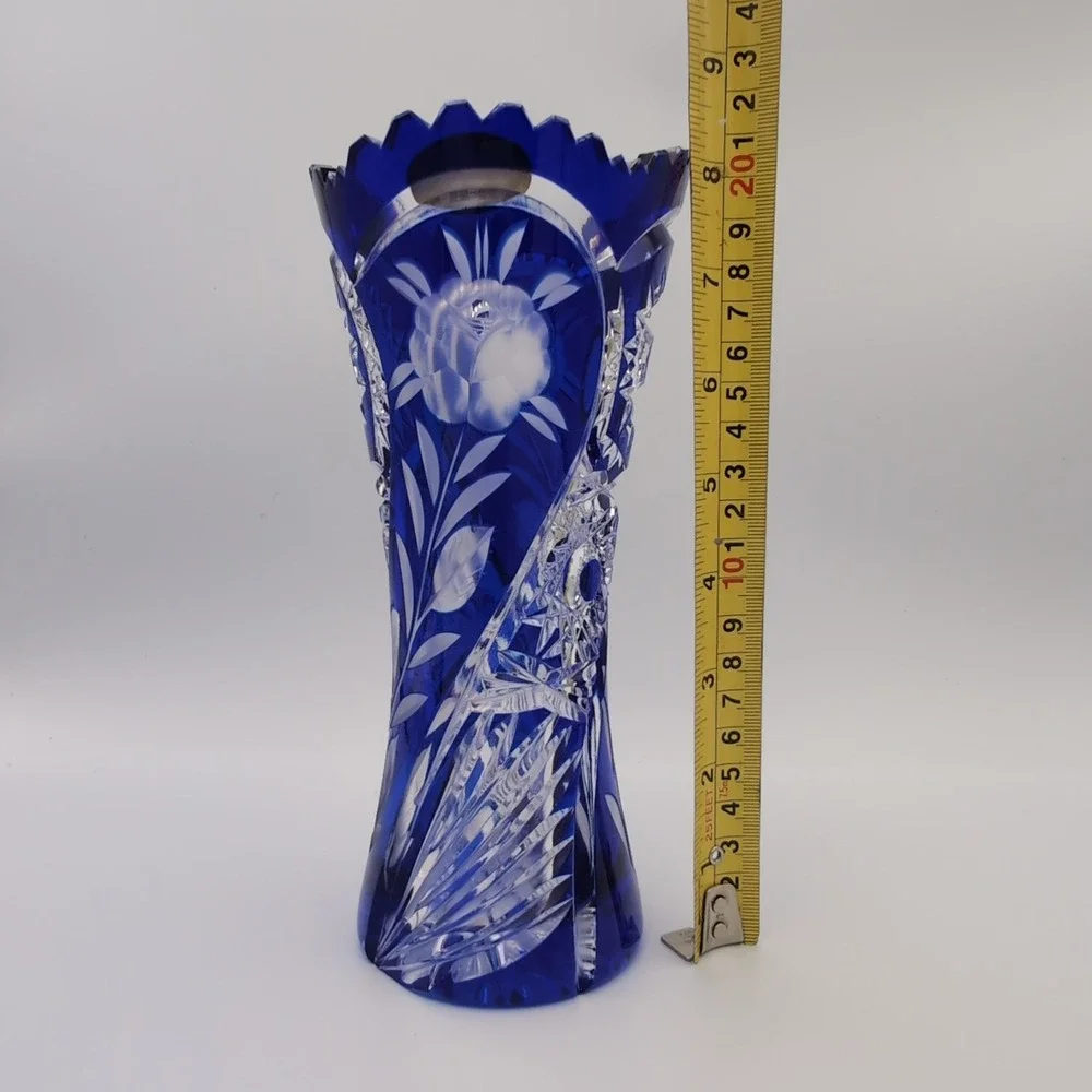 Vintage German Cobalt Blue Cut to Clear 24% Lead Crystal Rose Vase 8